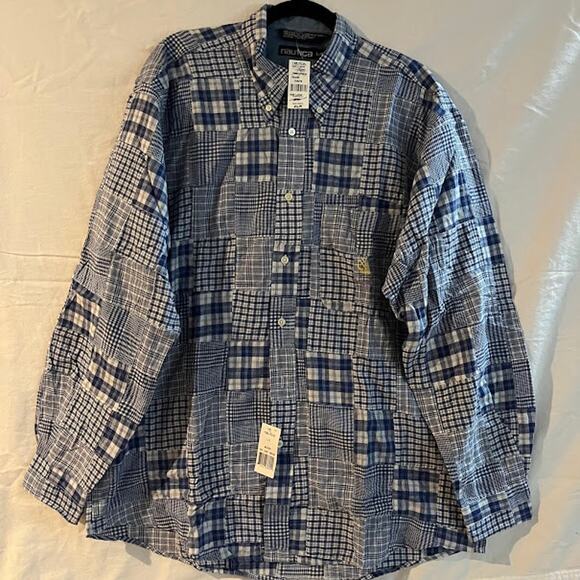 NWT VTG Y2K Nautica Shirt Mens Blue White Madras Button Down Full Fit Size L - Picture 1 of 3